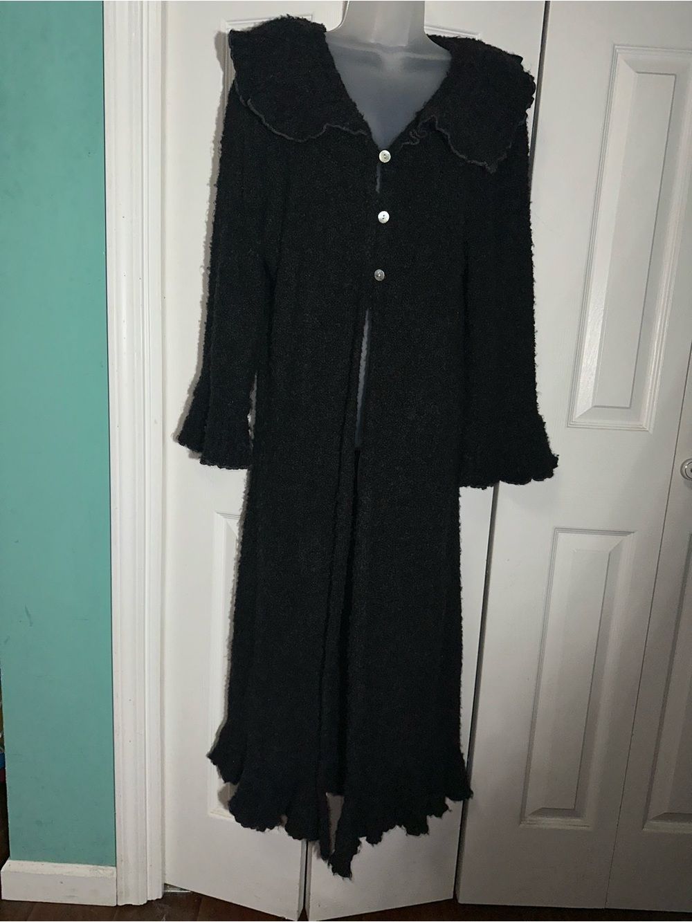 April Cornell Long Cardigan Duster Coat Dark Chocolate Brown Ruffle Sz S/M  AA25